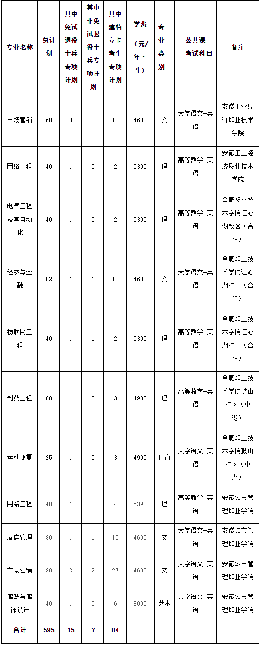 合肥师范学院2022年普通高校专升本招生专业